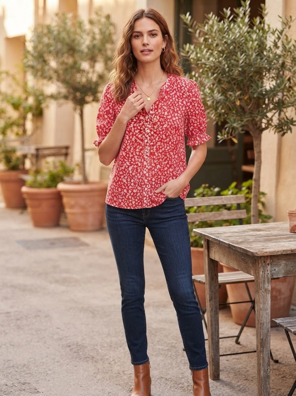 J. Crew Red Floral V-Neck Blouse. EUC